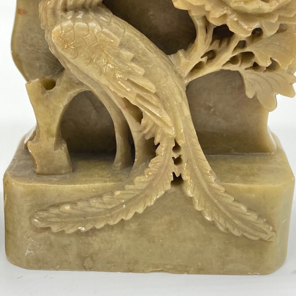 Vintage Pair of Hand-Carved Green Soapstone Bookends Phoenix Bird Lotus Flower - Picture 7 of 16